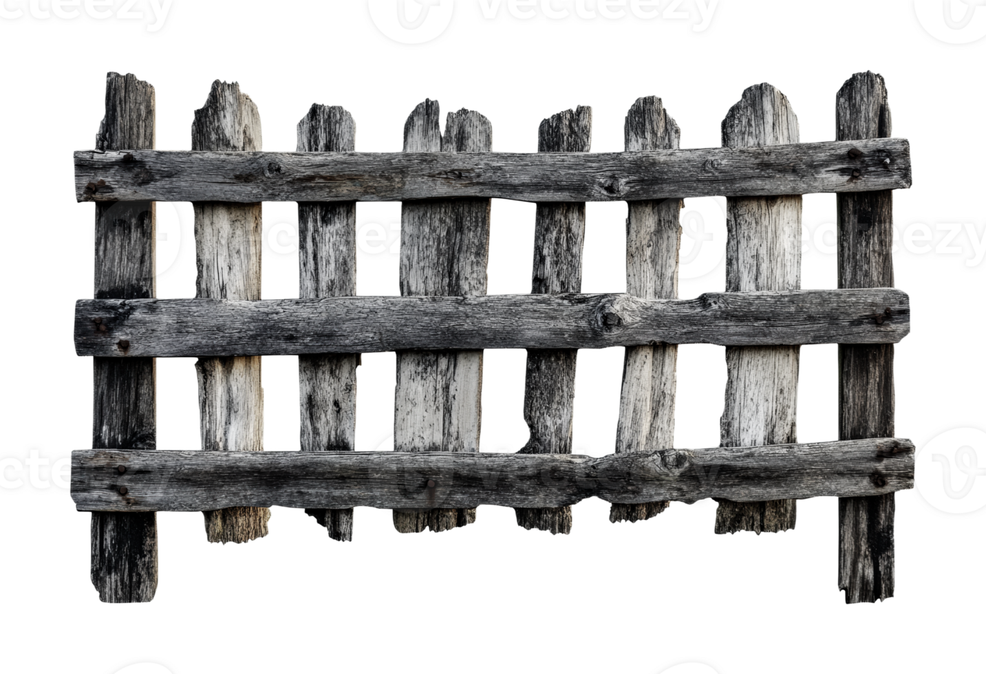 Weathered wooden fence panel with rustic texture against black, cut out png