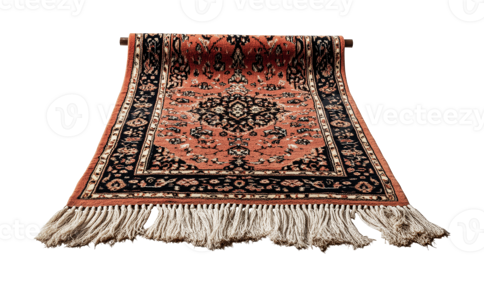 Handwoven vintage persian rug with intricate patterns and fringed edges, cut out png