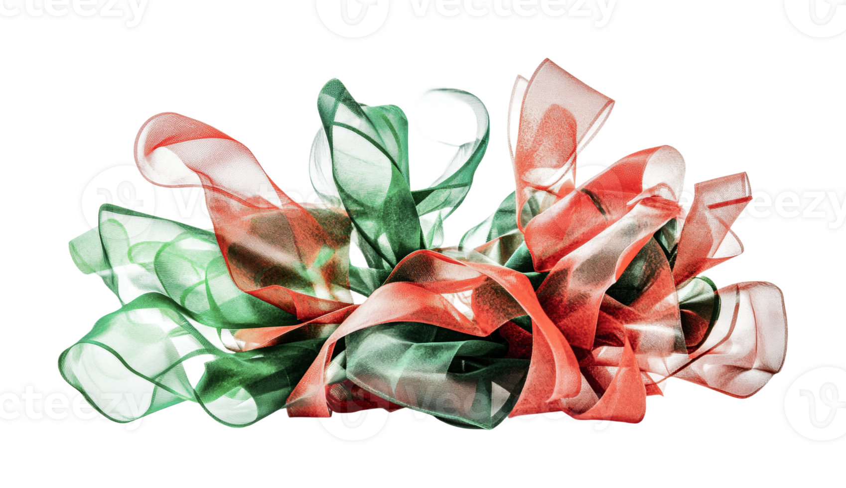 Abstract red and green ribbon sculpture with translucent flowing design, cut out png