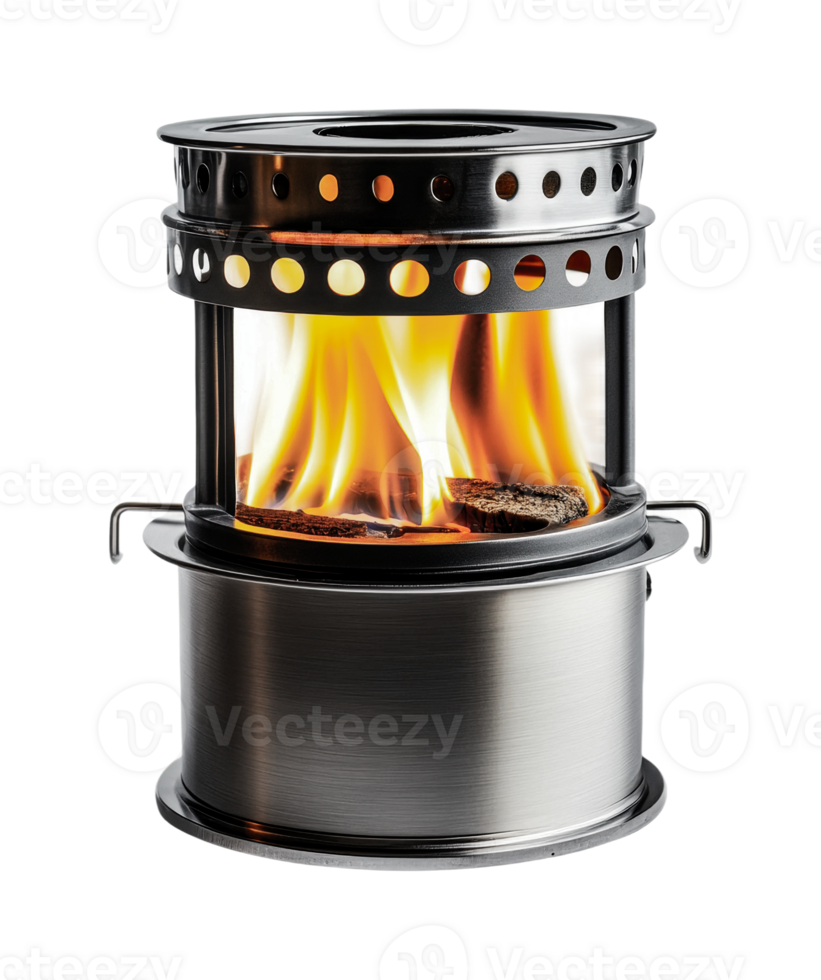 Stainless steel portable camping stove with open flame, cut out png