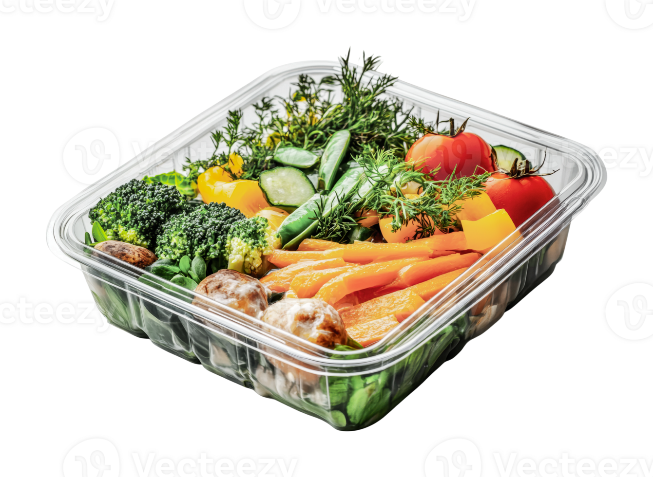 Fresh vegetable salad in clear plastic container with broccoli, tomatoes, carrots, and herbs, cut out png