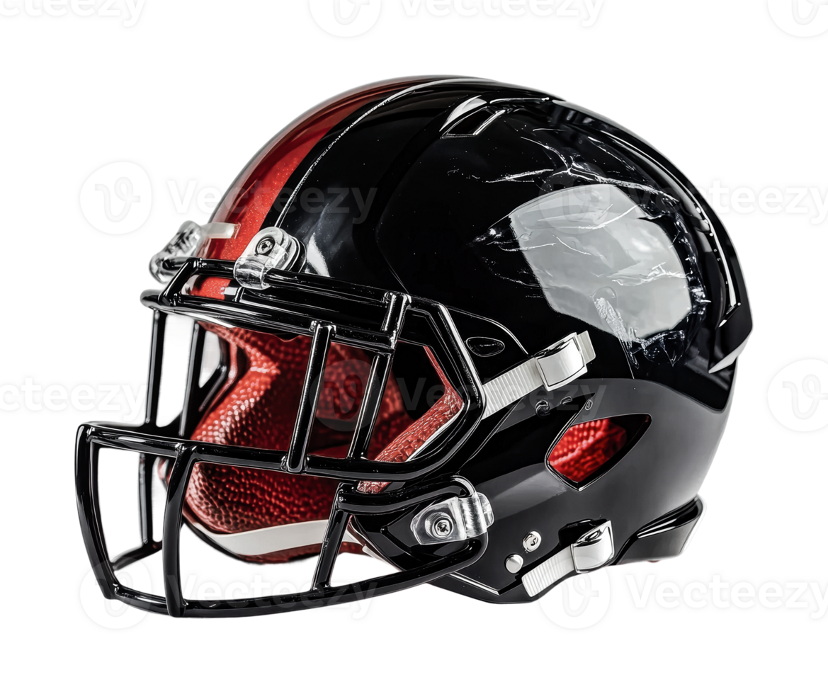 Glossy black and red american football helmet with faceguard, cut out png