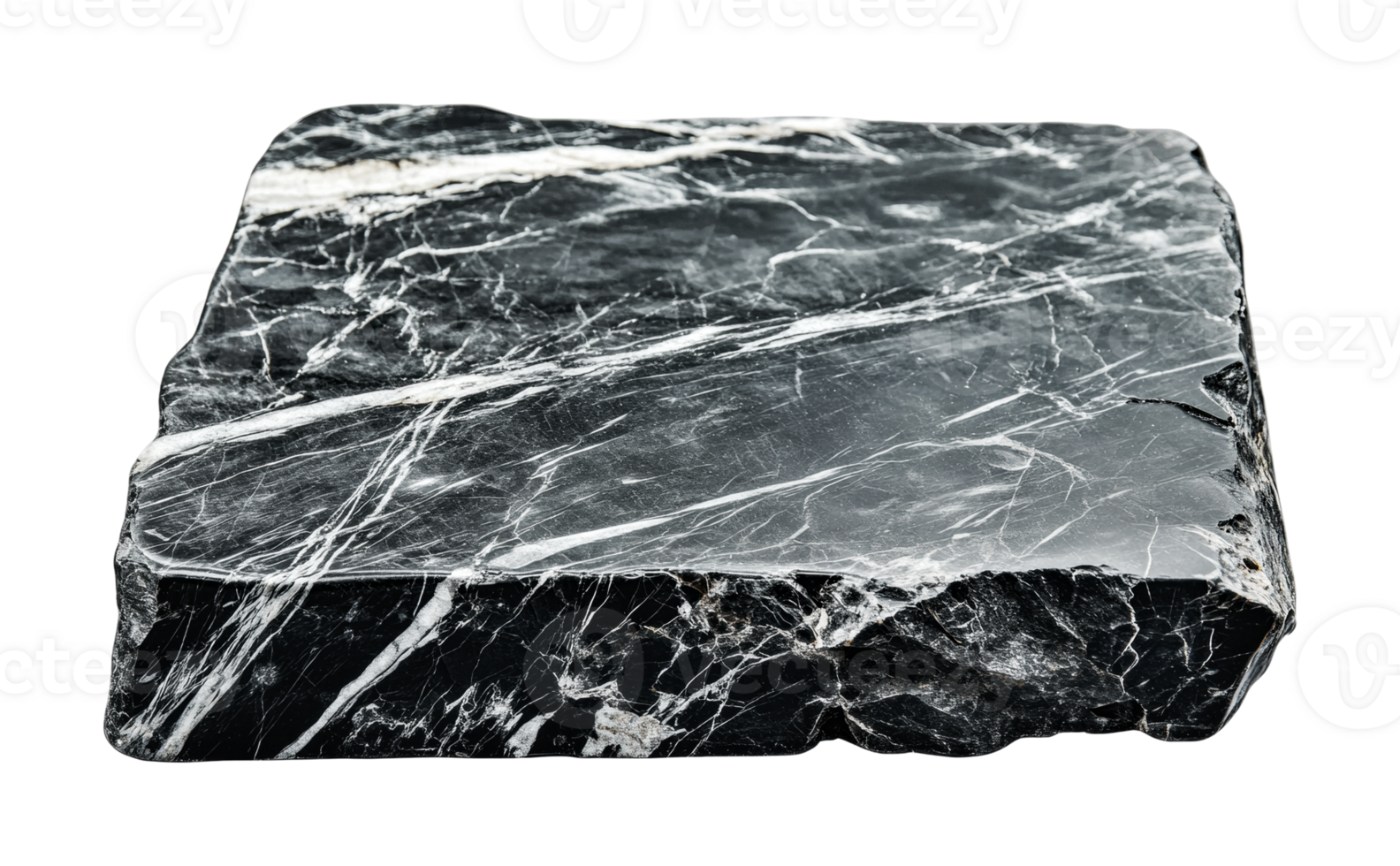 Polished black marble slab with white veins and rough edges detail view, cut out png