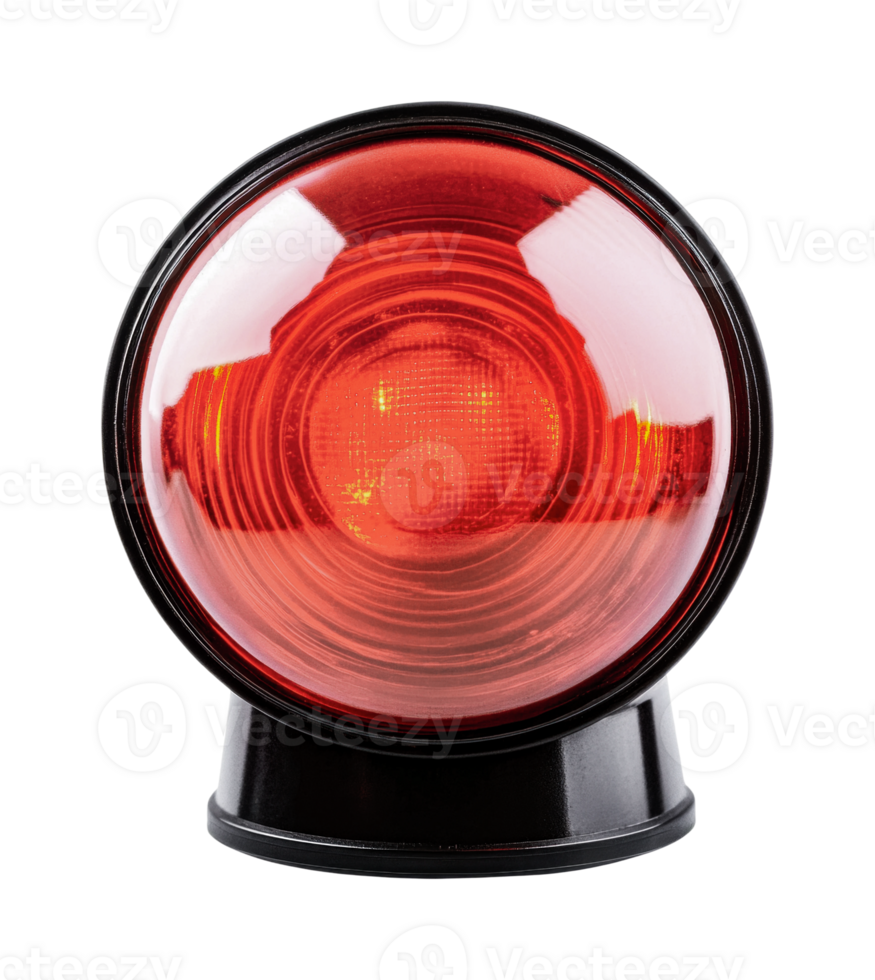 Red circular led light with black base against black background, cut out png