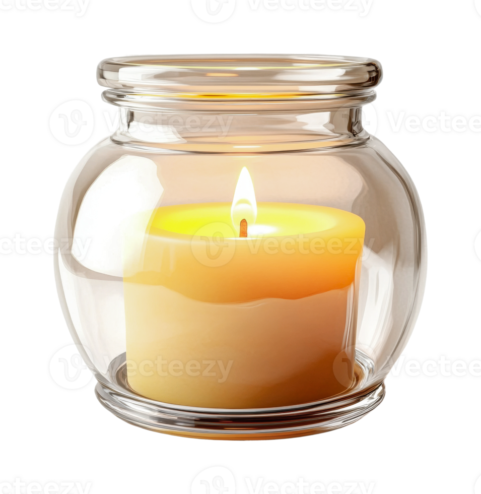 Amber scented candle in glass jar with glowing flame, cut out png