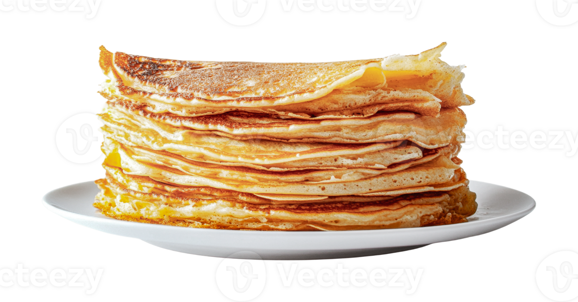 Tall stack of golden pancakes on white plate isolated, cut out png