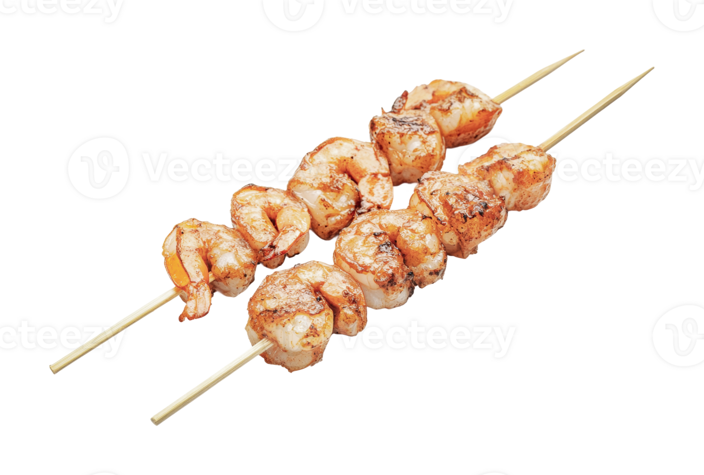 Grilled shrimp skewers with seasoned seafood on wooden sticks, cut out png