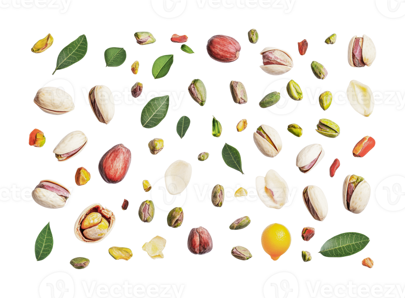 Assorted pistachios with leaves and lemon, cut out png