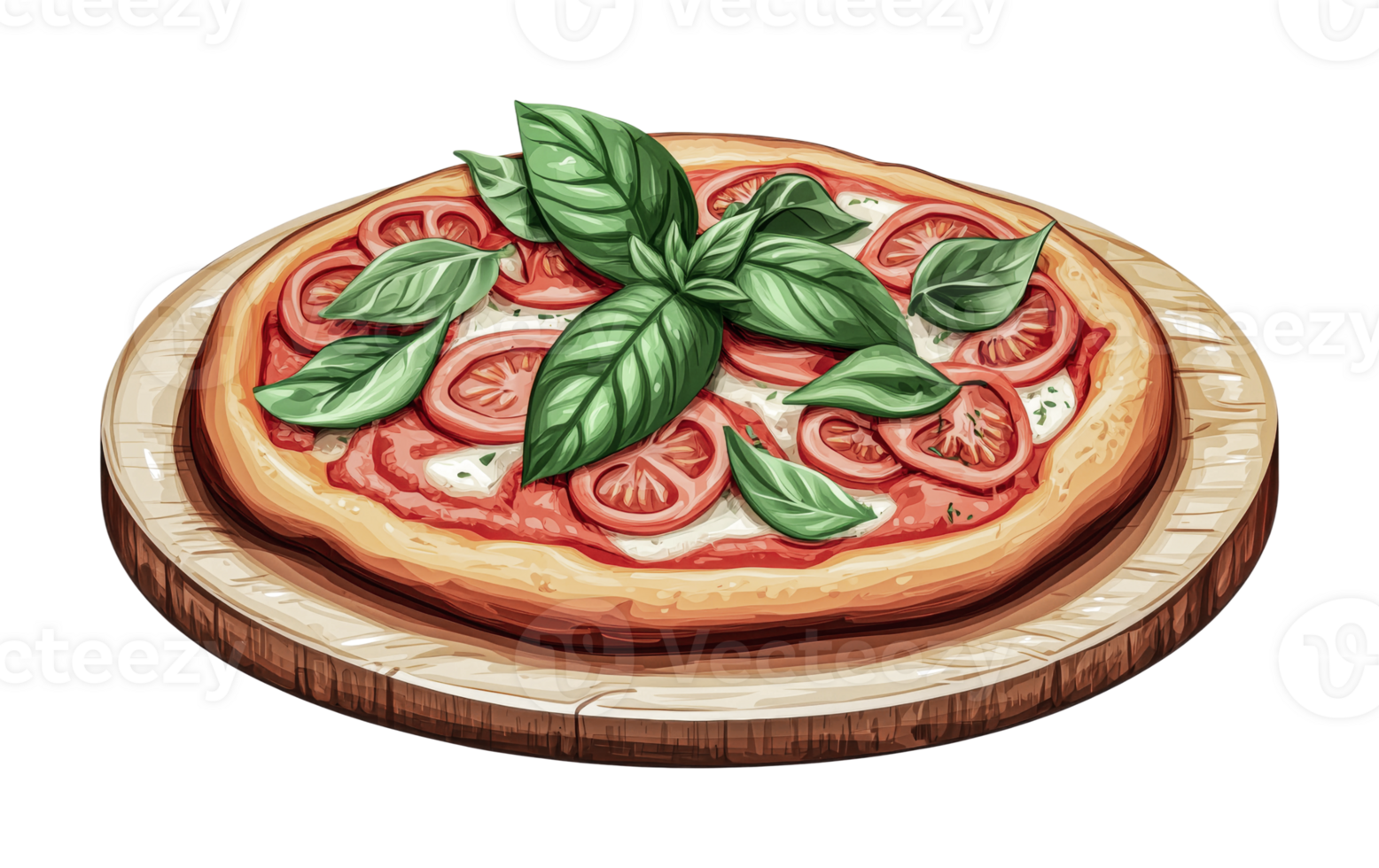 Delicious fresh margherita pizza with tomatoes and basil toppings on wooden plate, cut out png