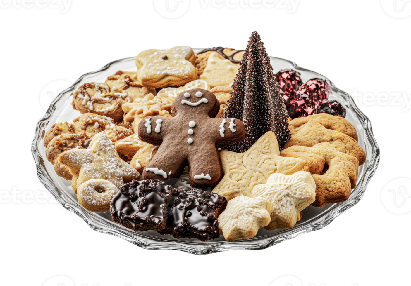 Assorted festive cookies on glass plate with gingerbread and chocolate treats, cut out png