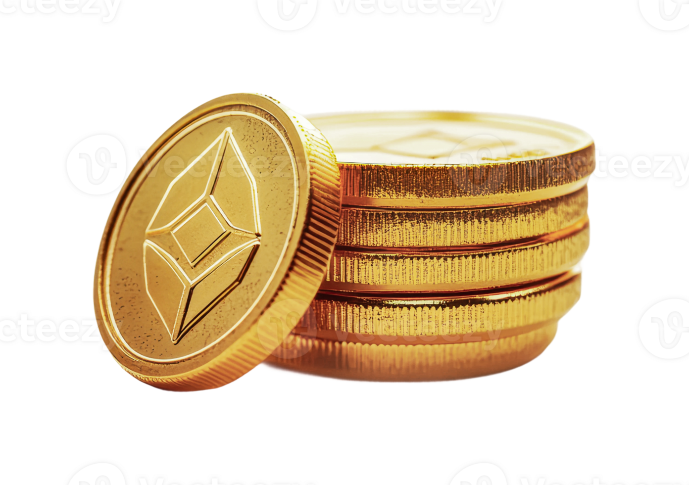 Shiny gold coins with geometric design stacked in a pile, cut out png