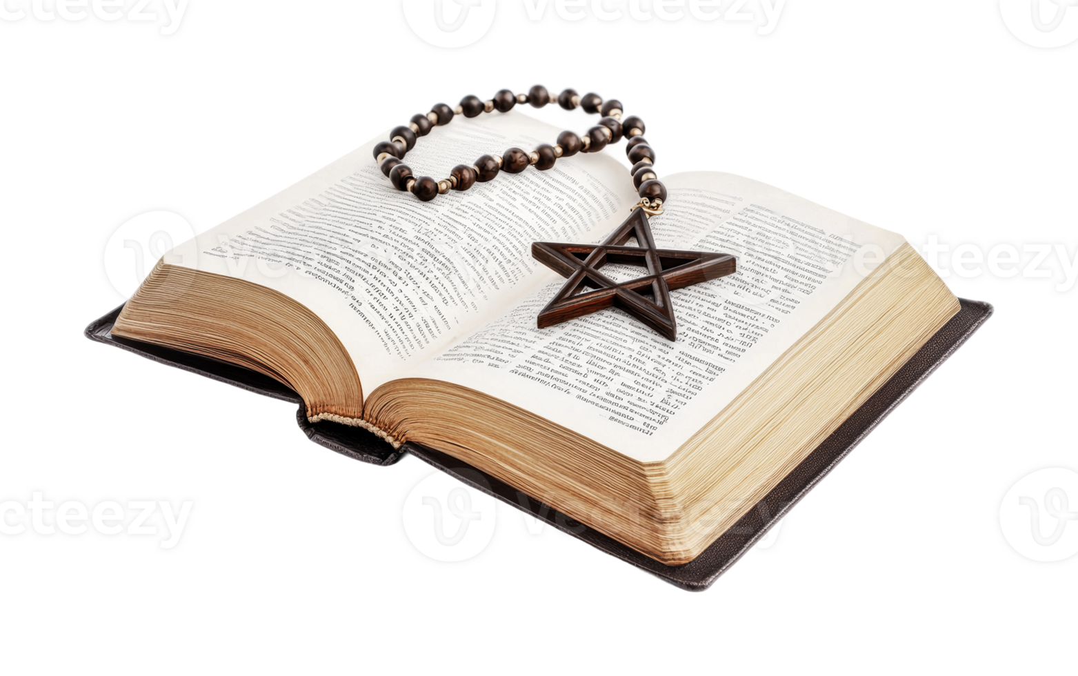 Open spellbook with pentagram necklace on pages of magical text, cut out png