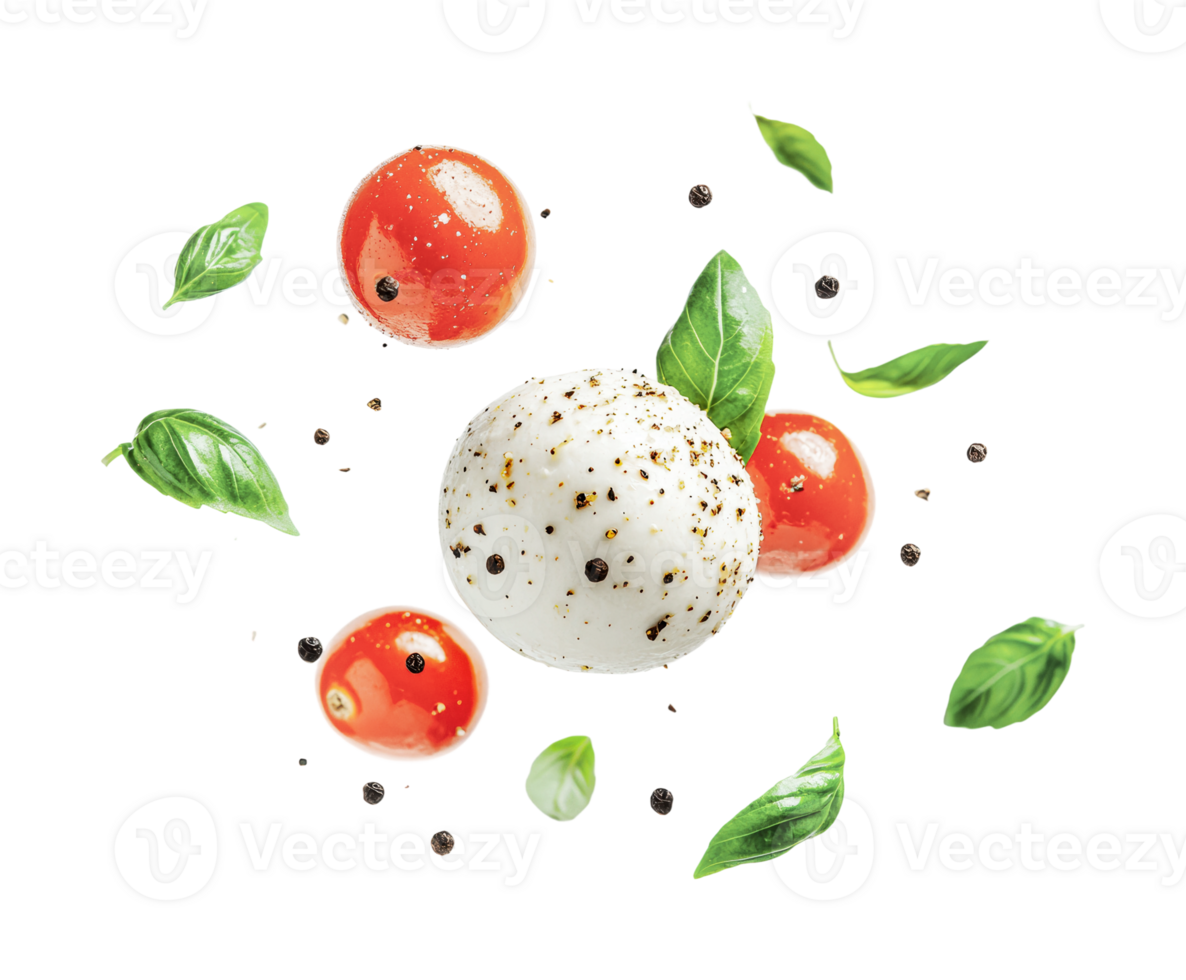 Fresh mozzarella and cherry tomatoes with basil leaves and peppercorns, cut out png