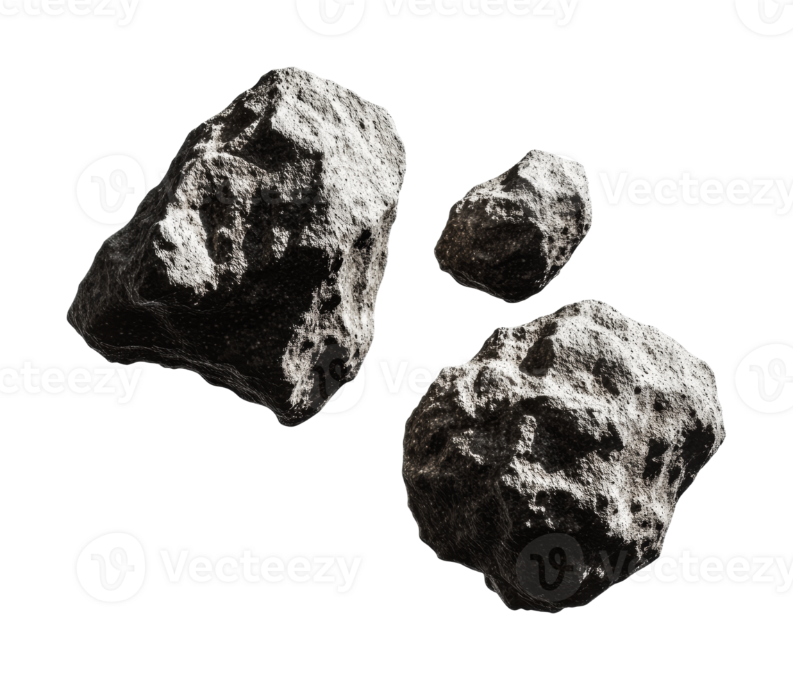 Three varied asteroids floating in space with textured surfaces, cut out png