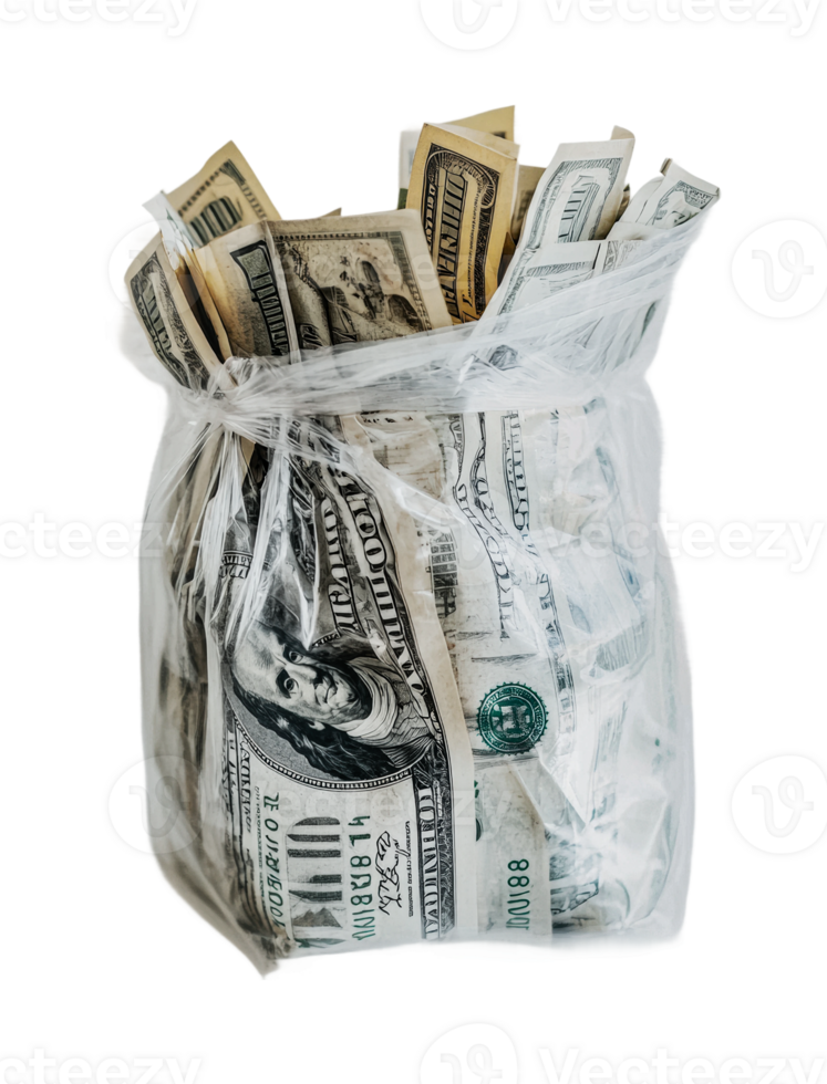 Bag of us dollar bills overflowing with hundred and twenty denominations, cut out png