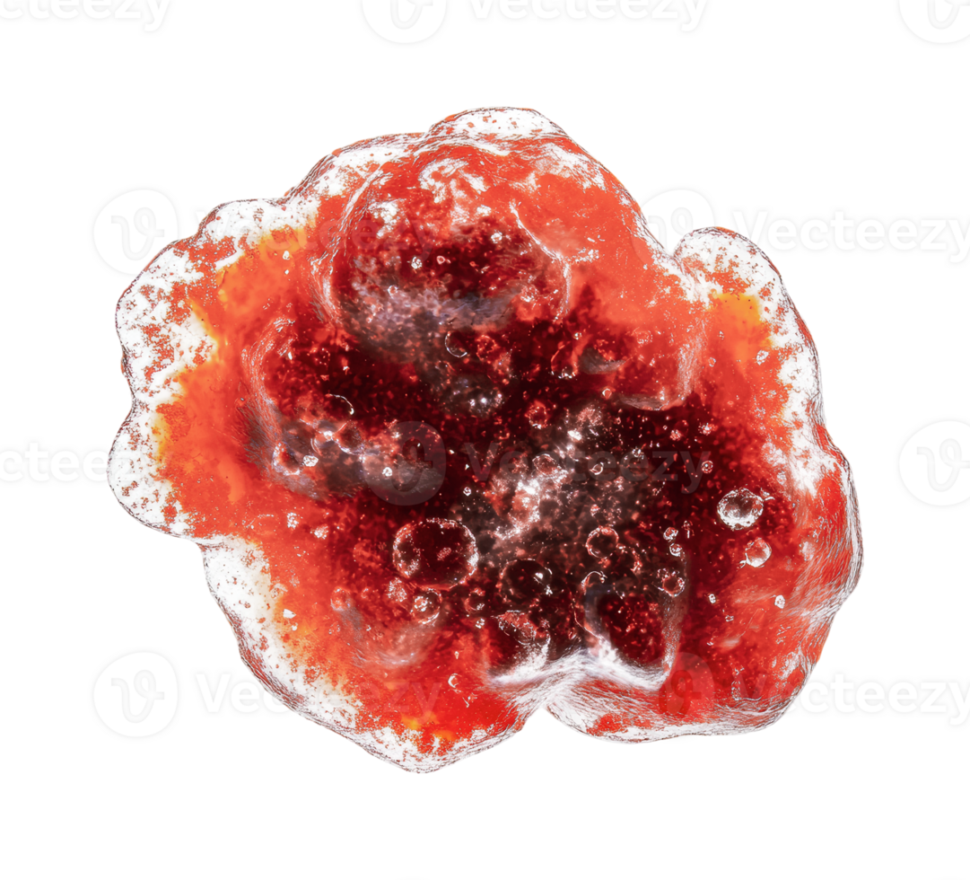 Close-up of vibrant red liquid droplet with bubbles and white edges, cut out png