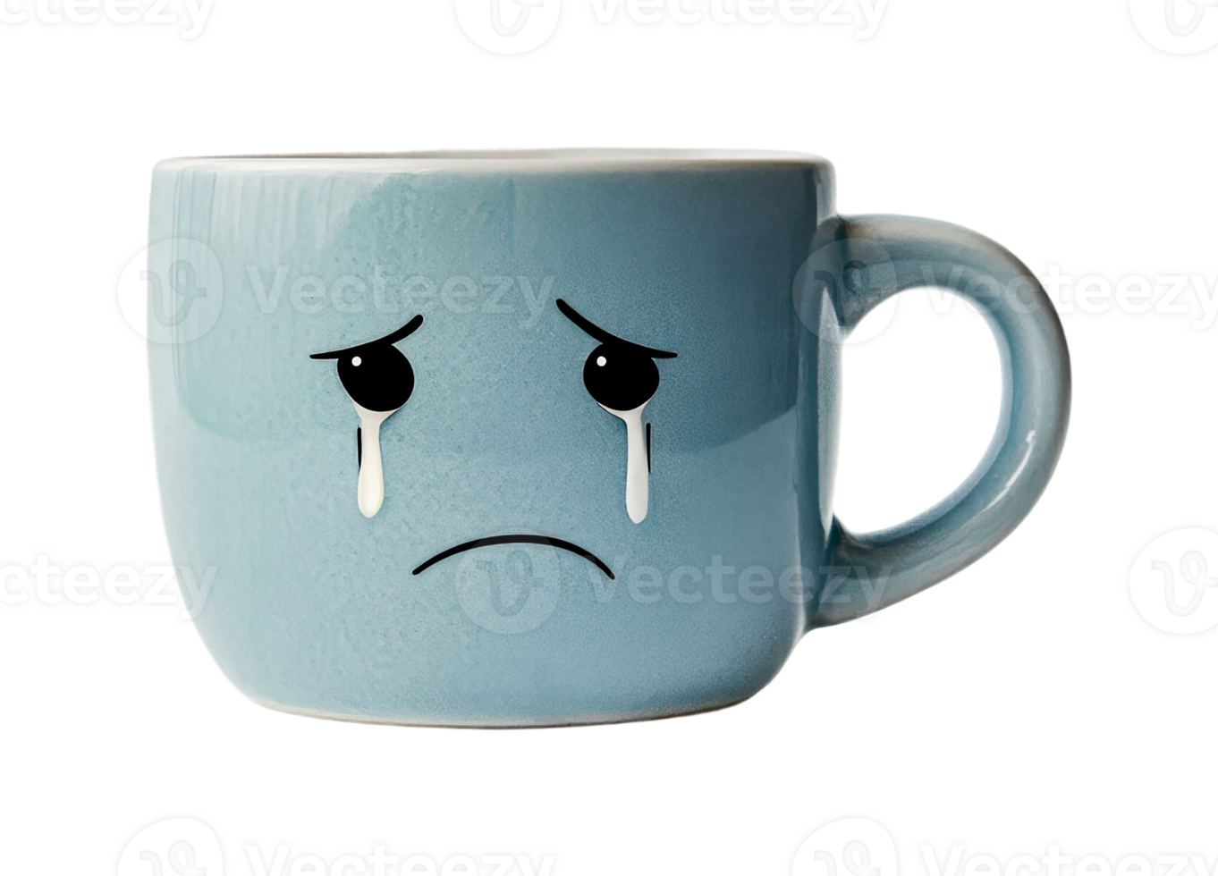 Blue mug with sad facial expression and tearful eyes, cut out png
