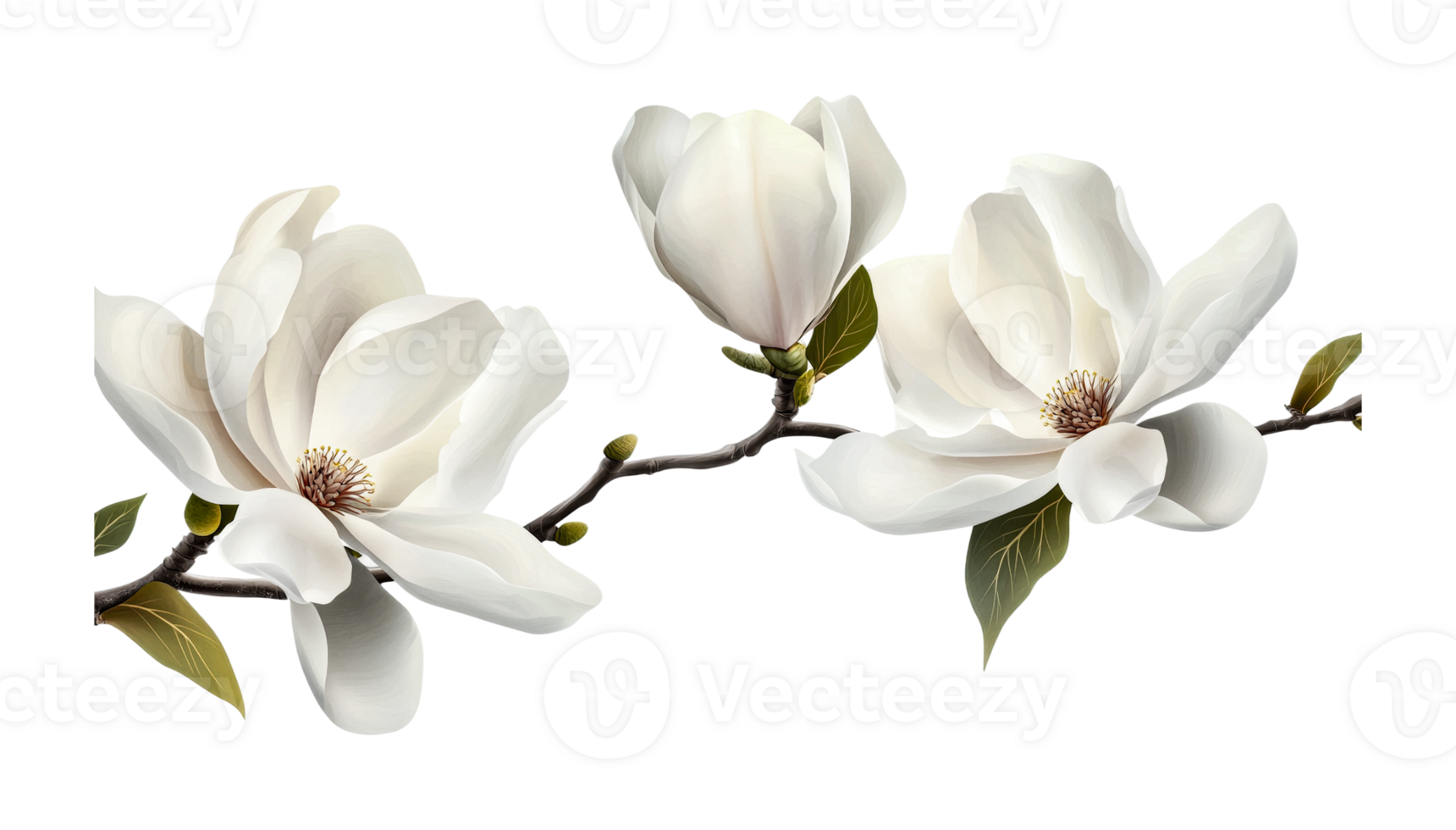 Beautiful white magnolia blossoms on branch with green leaves, cut out png