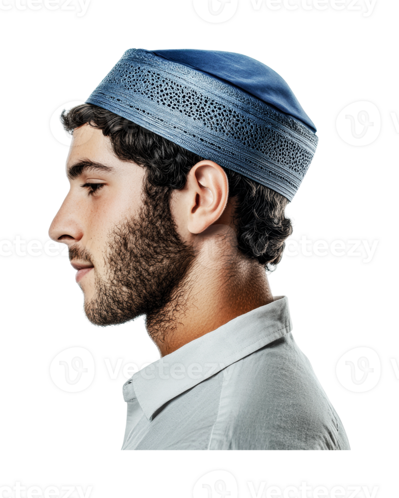 Young caucasian male wearing traditional blue cap in profile view, cut out png