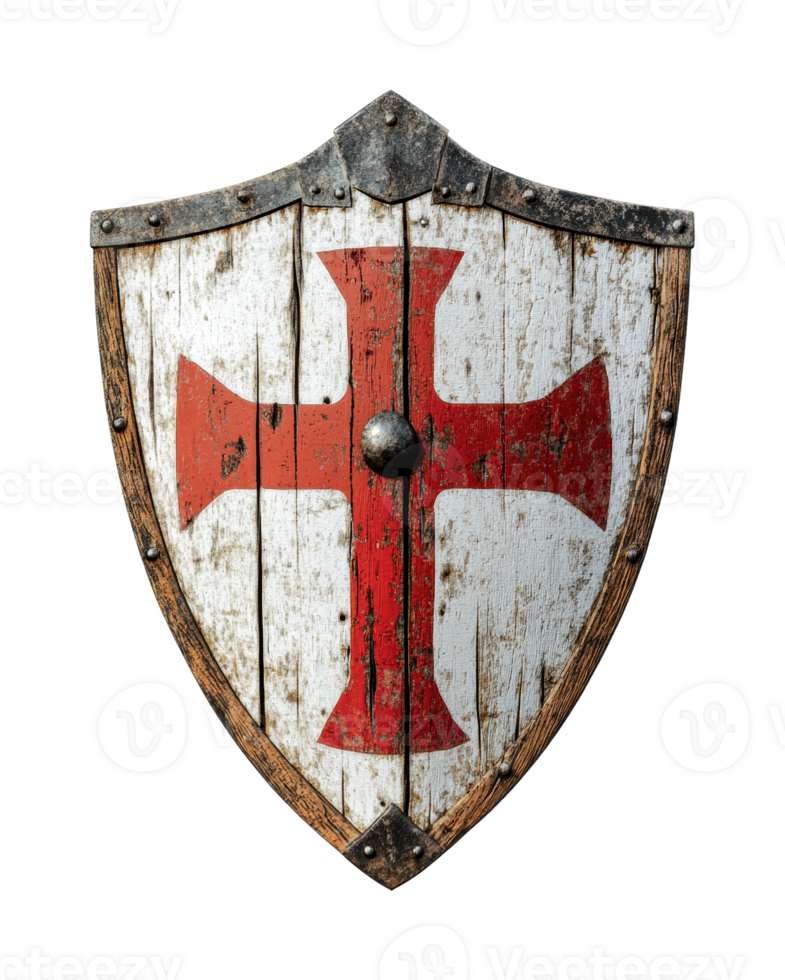 Weathered wooden shield with red crusader cross and metal rivets, cut out png