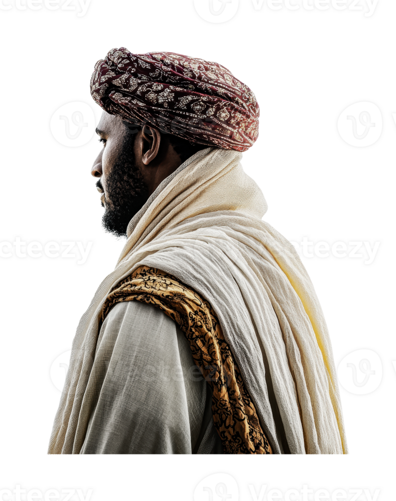 Profile of mature african male in traditional attire with turban, cut out png