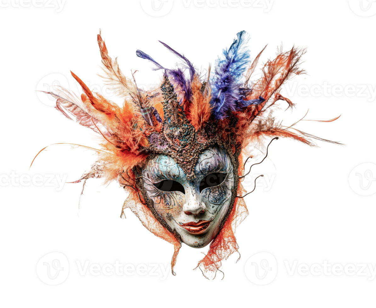 Colorful venetian carnival mask with feathers and intricate design, cut out png