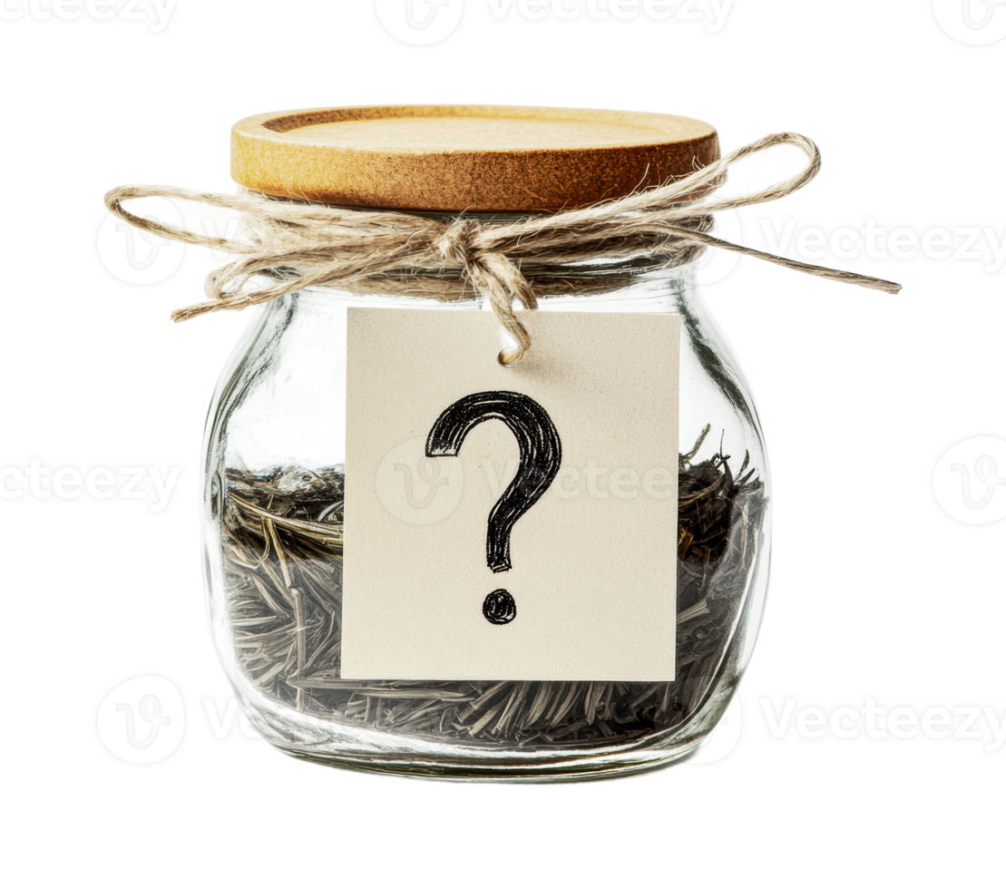 Glass jar with label and question mark contains dried herbs, cut out png