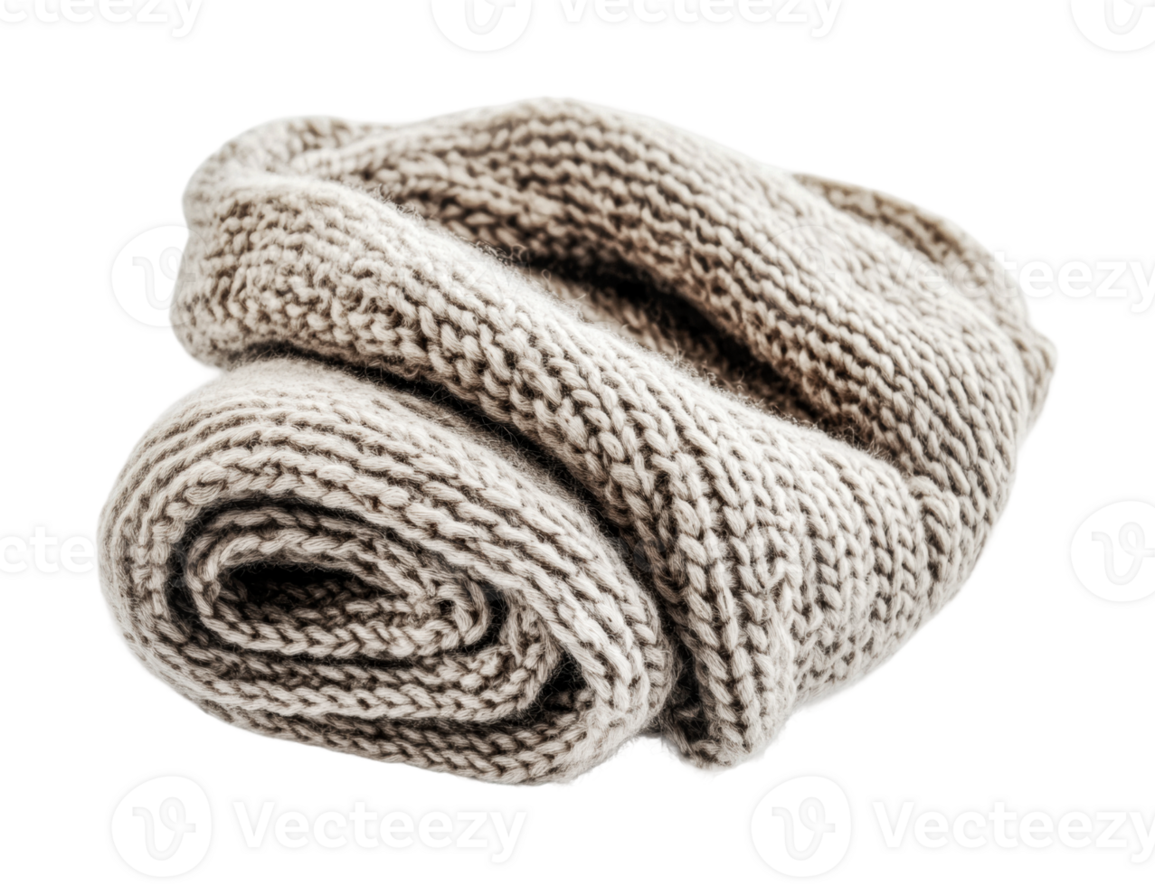 Cozy beige knitted woolen blanket in a rolled position, cut out png