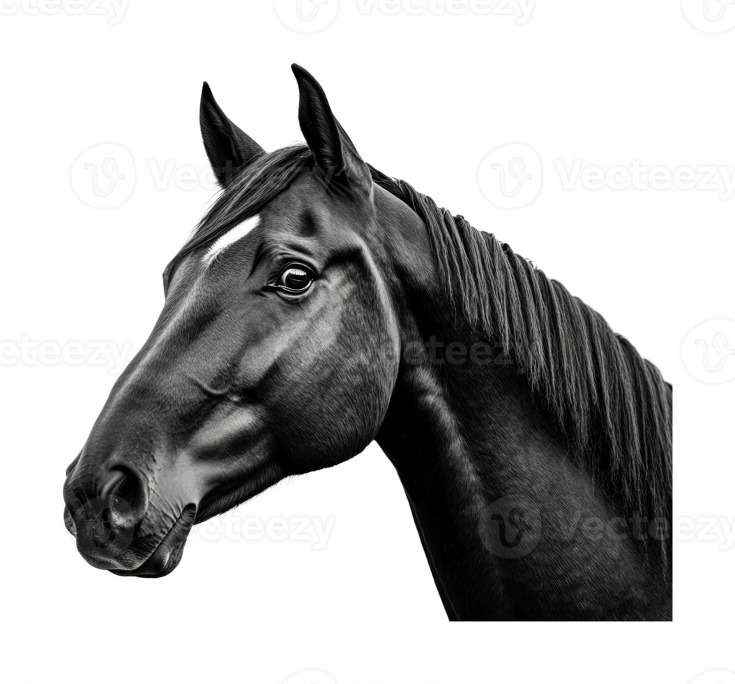 Realistic black and white portrait of majestic horse with focused expression, cut out png