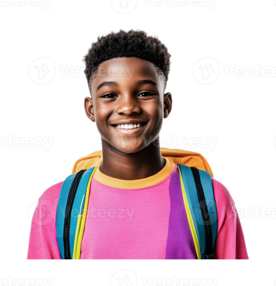 Smiling african male young teen with colorful backpack, cut out png