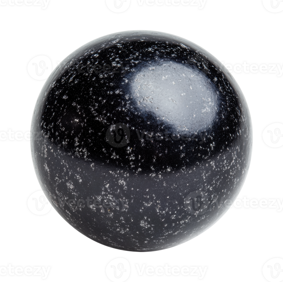 Close-up of black obsidian sphere with reflective surface and white speckles, cut out png