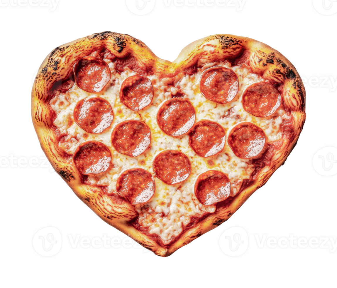 Heart-shaped pepperoni pizza with golden crust, cut out png