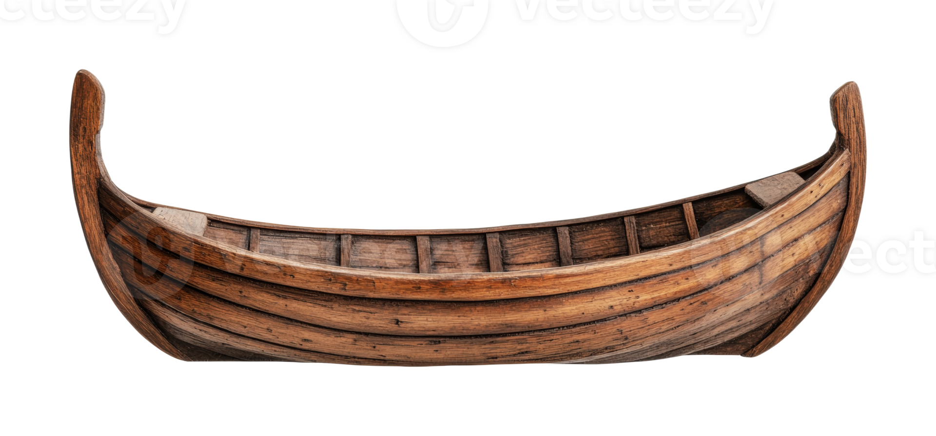 Rustic wooden viking longboat model with curved hull and open framework, cut out png
