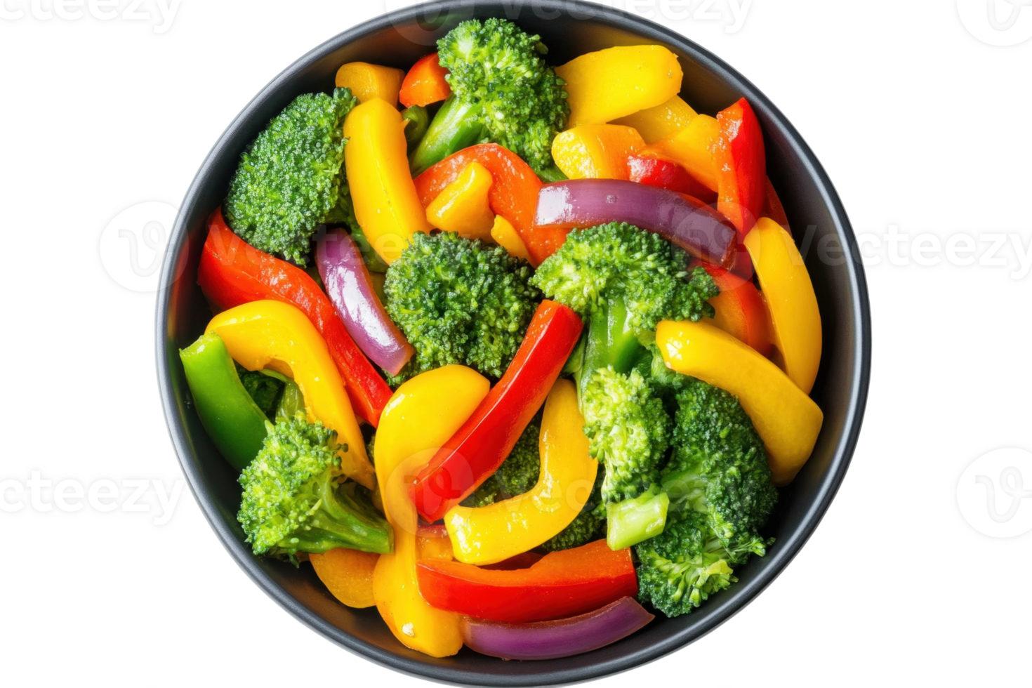 Vibrant bowl of fresh mixed vegetables - broccoli, peppers, onions, cut out png