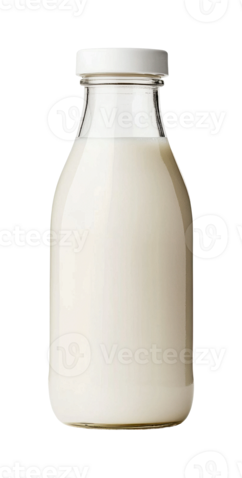 Clear glass milk bottle with white lid filled with fresh milk, cut out png