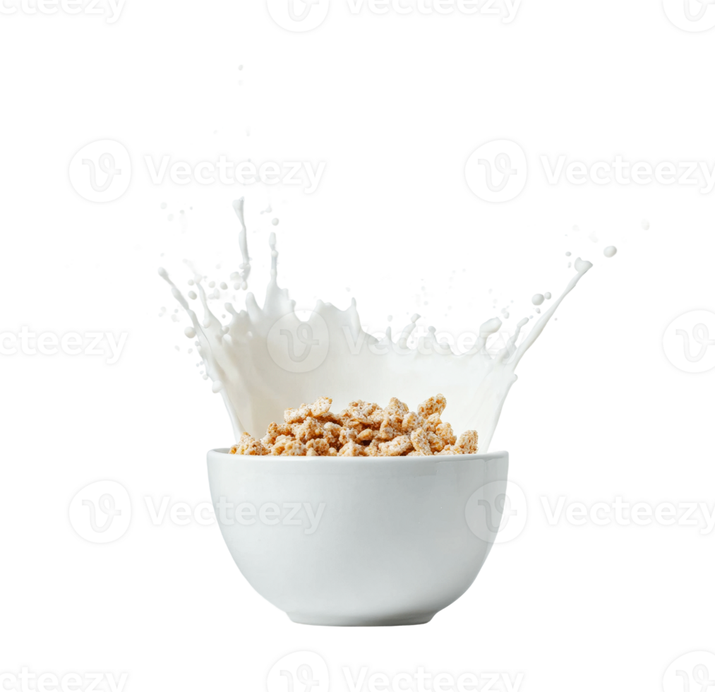 Splashing milk over cereal in white bowl, cut out png