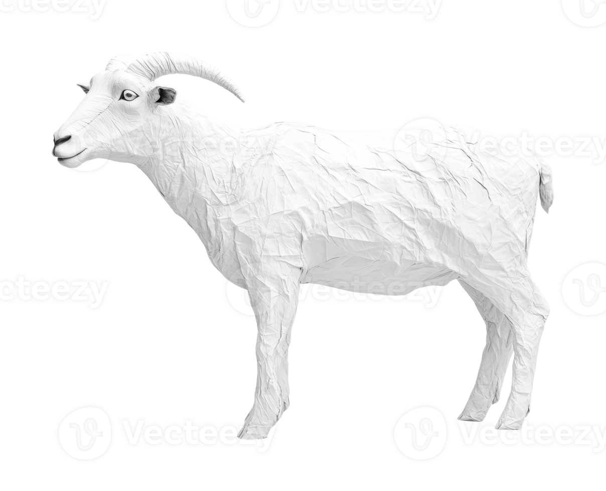 Origami style white goat sculpture with textured paper design, cut out png
