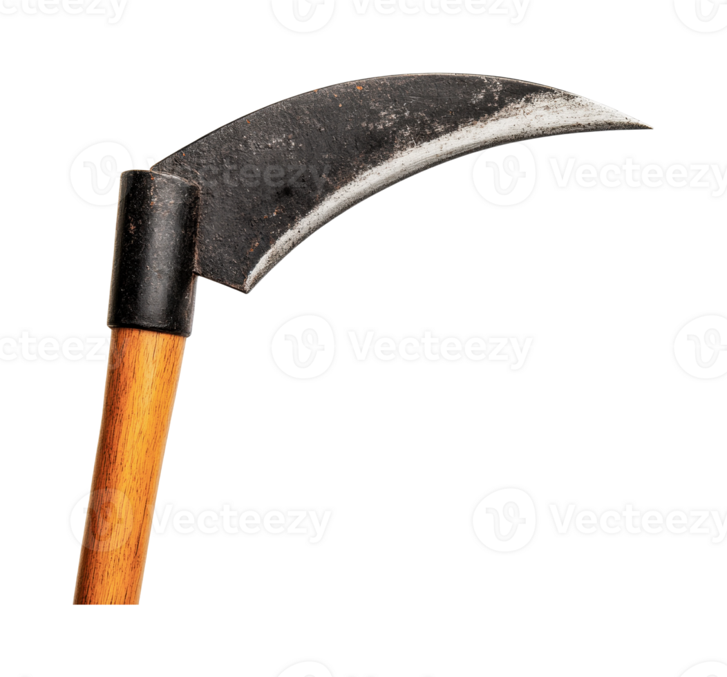 Close-up of rustic sickle with wooden handle and metal blade, cut out png