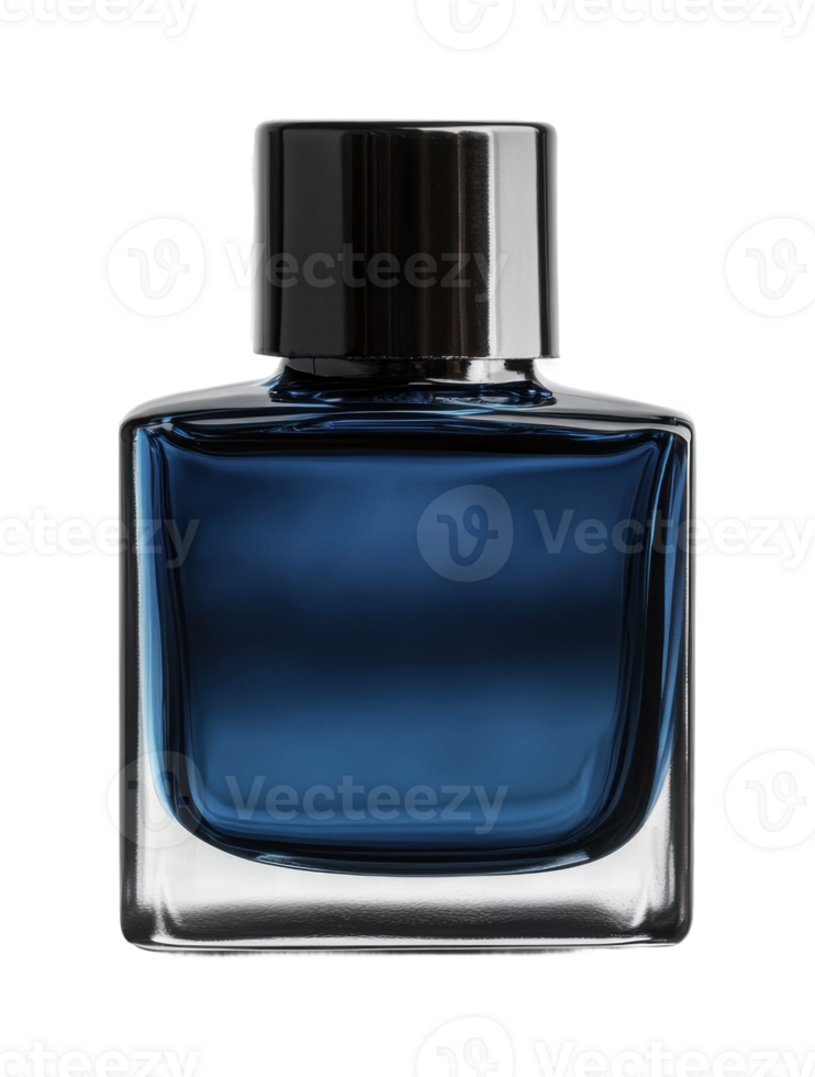 Elegant blue glass perfume bottle with metallic cap for sophisticated scent display, cut out png