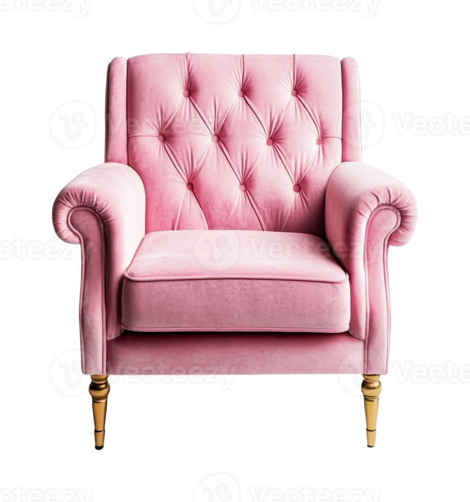 Elegant pink velvet armchair with button-tufted design and brass legs, cut out png