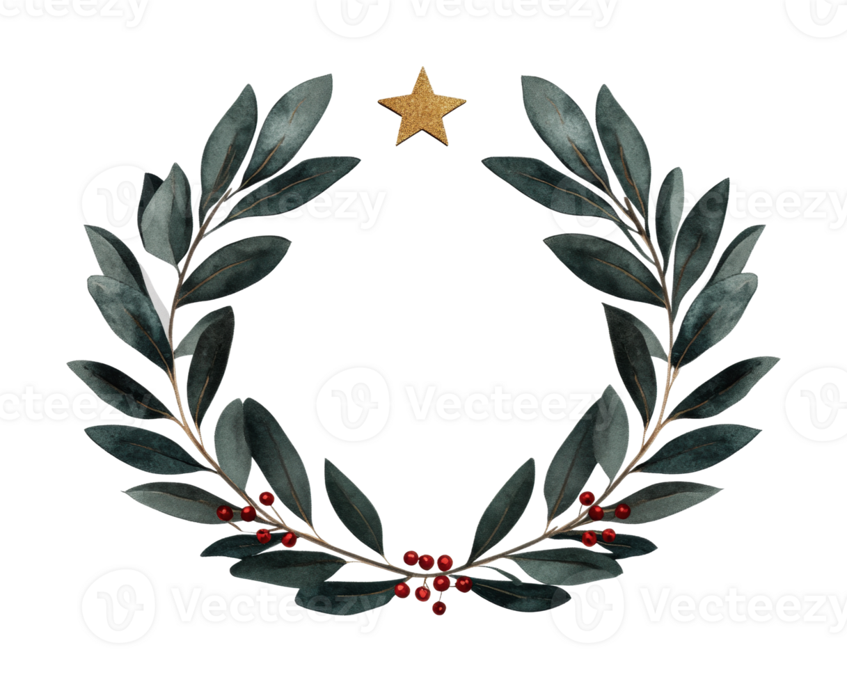 Festive holiday wreath with gold star and red berries on dark background, cut out png