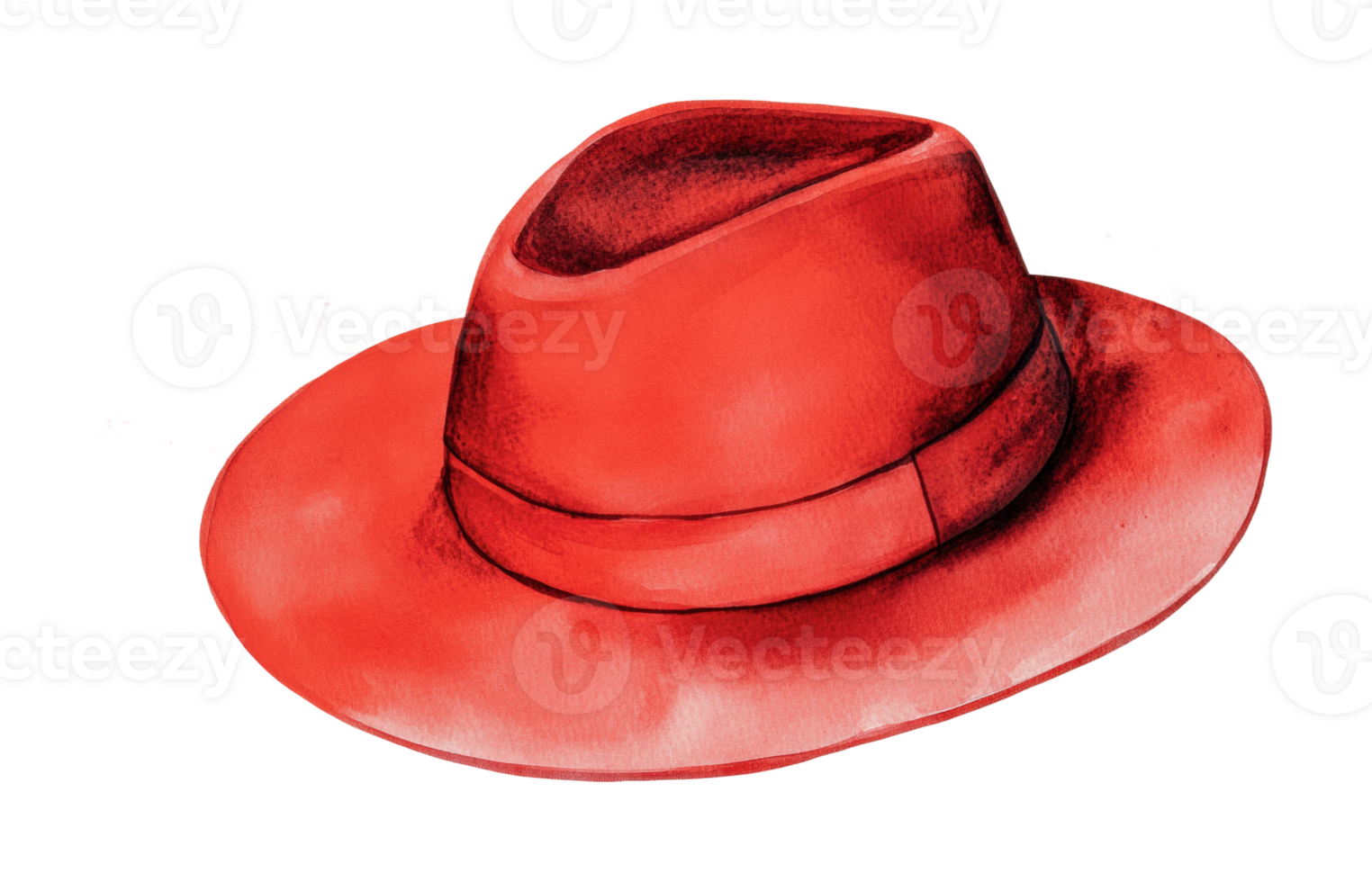 Vibrant red fedora hat with wide brim and classic design, cut out png