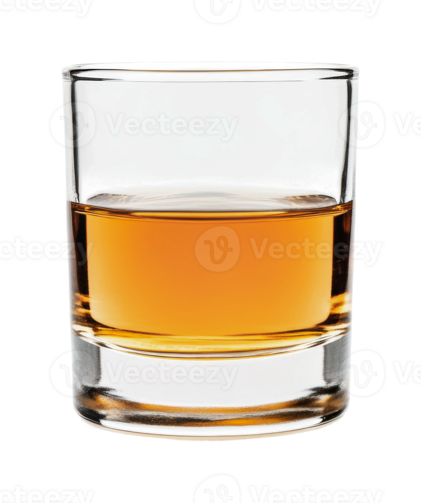 Half-filled glass of whiskey capturing amber hues in clear tumbler, cut out png