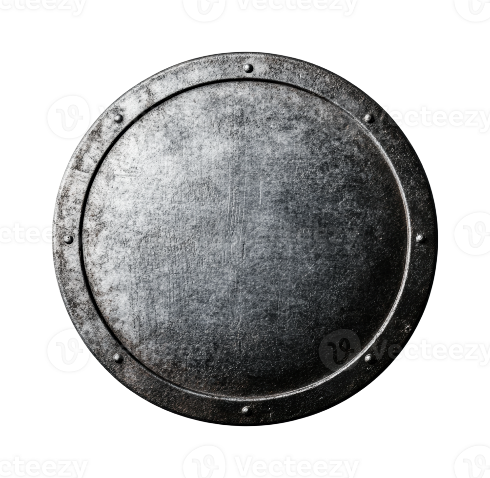 Rustic circular metal shield with rivets against black background, cut out png