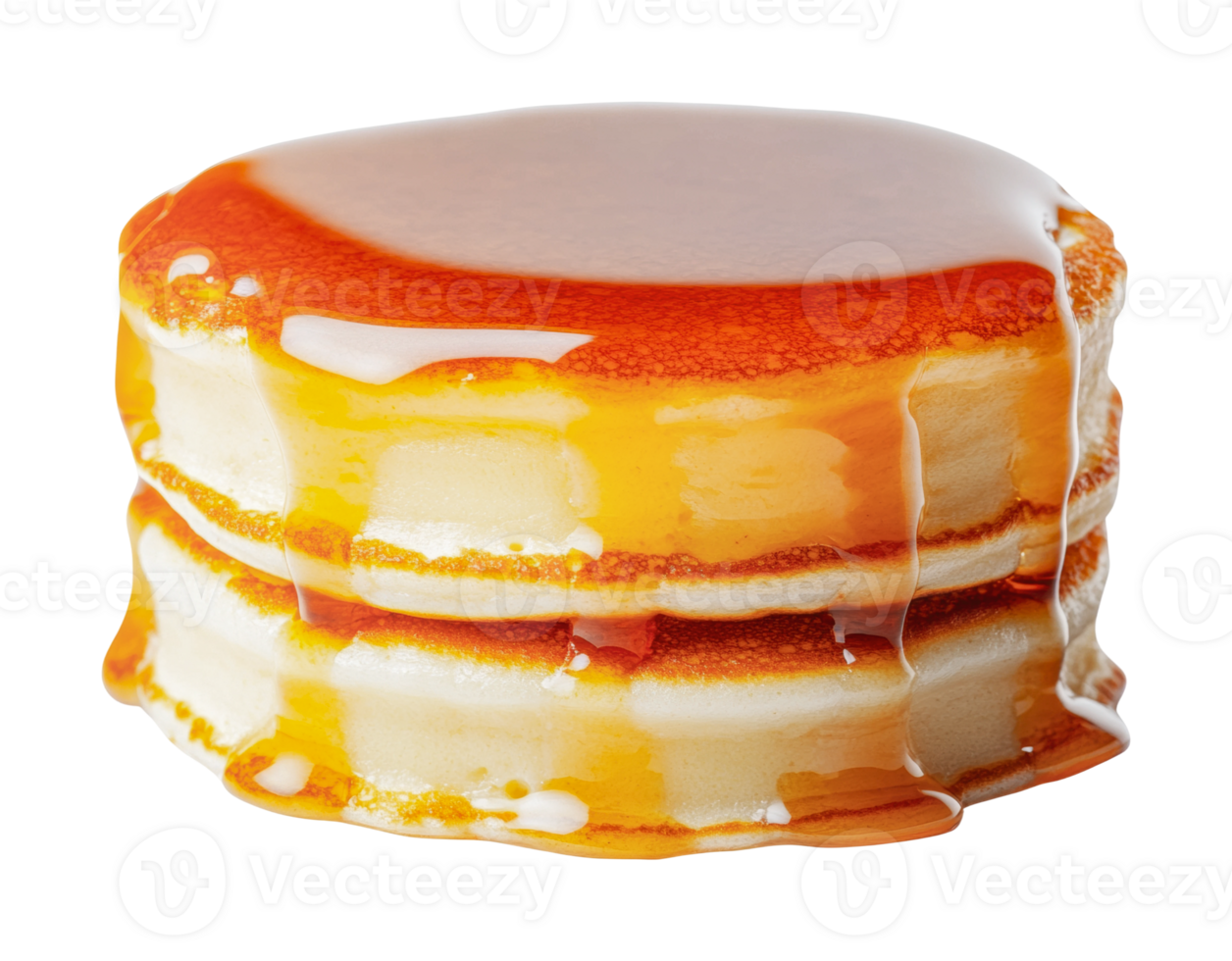 Delicious stack of fluffy pancakes drizzled with golden syrup, cut out png