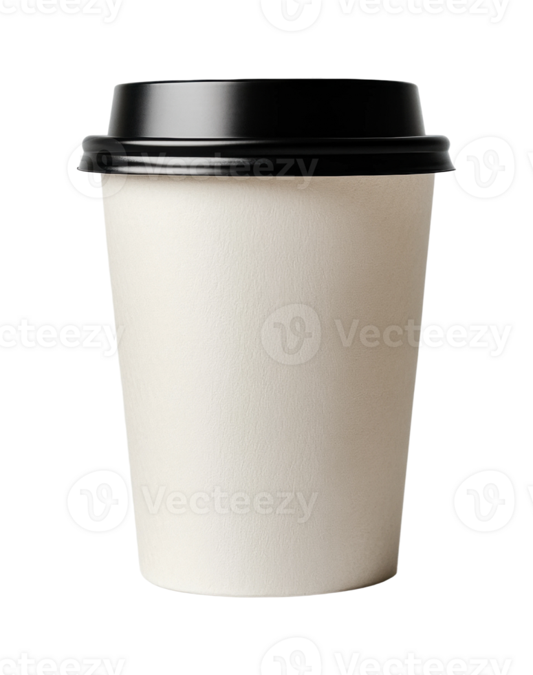 Plain white disposable coffee cup with black lid, cut out png