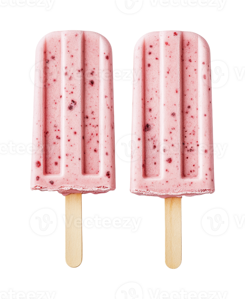 Two refreshing berry-flavored popsicles on wooden sticks isolated on black, cut out png