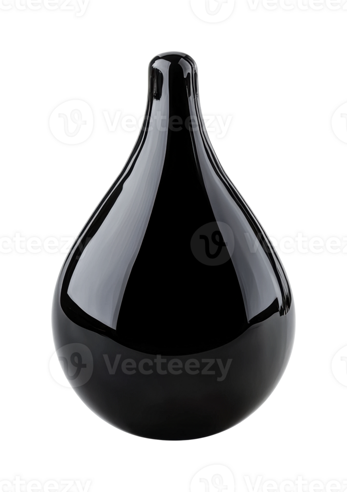 Glossy black ceramic vase with elegant teardrop design on dark background, cut out png