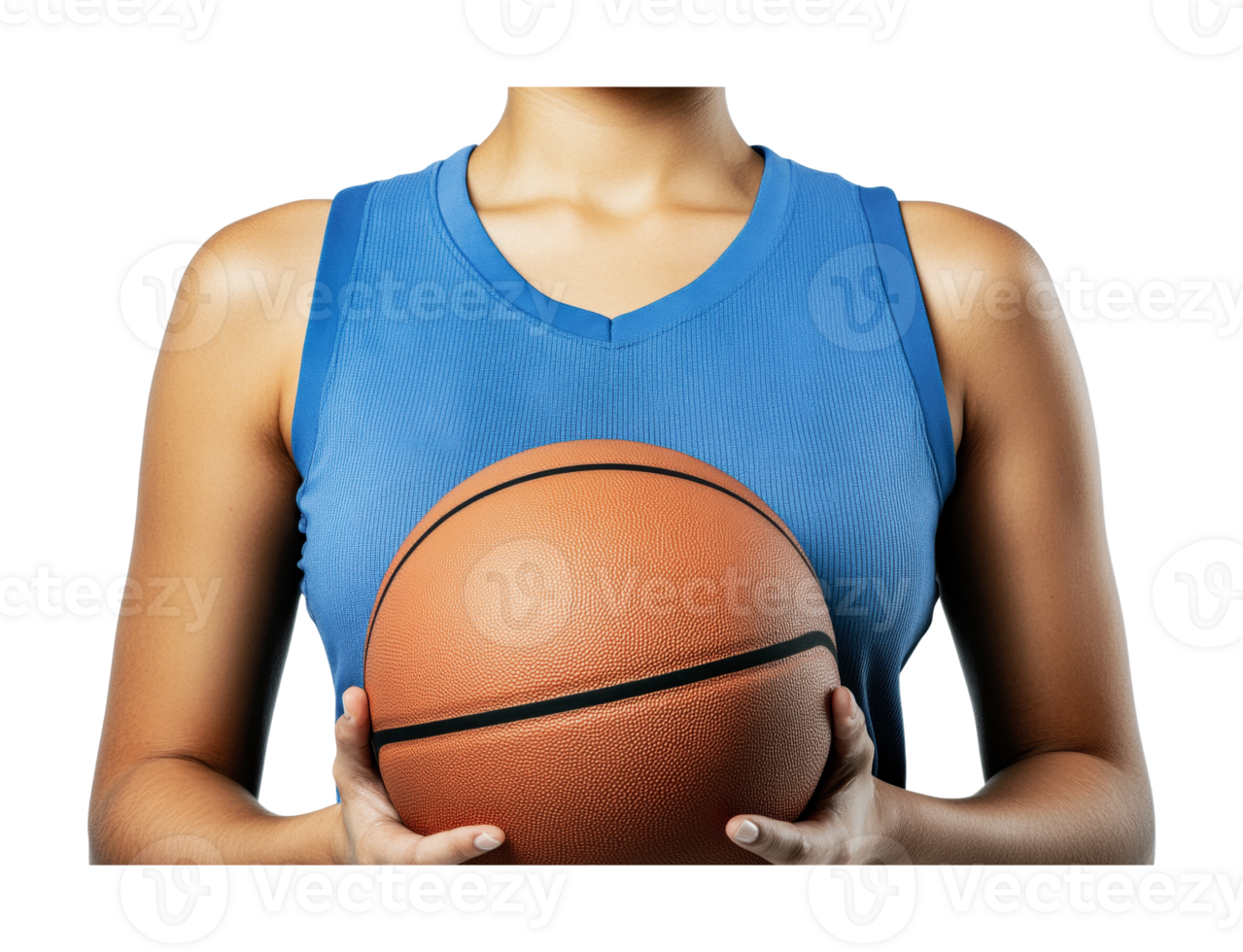 Female athlete holding basketball wearing blue jersey isolated on black, cut out png