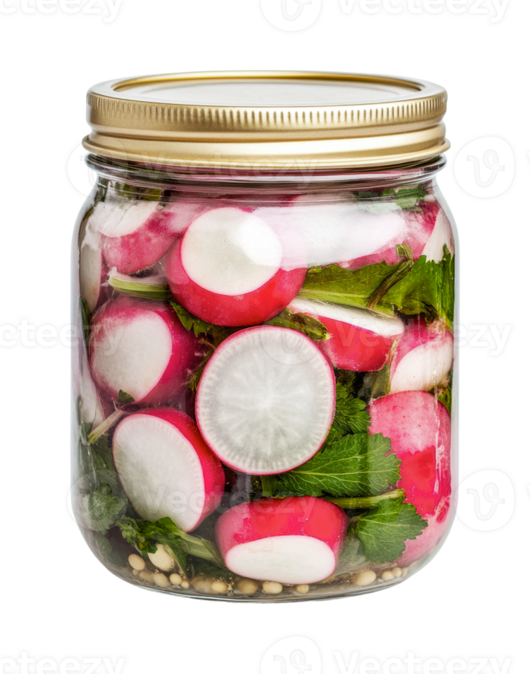 Jar of pickled sliced radishes with greens, cut out png